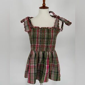 Crown & Ivy Pink Green Plaid 100% Cotton Tank with Scalloped Tie Straps Size XL